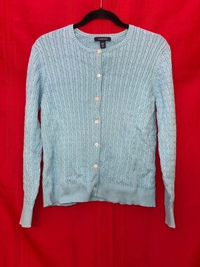 Lands’ End Women’s Size Medium Blue Ribbed Button Up Long Sleeve Sweater